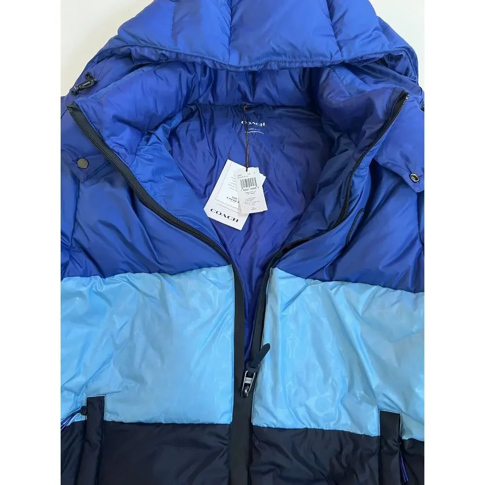 Coach CB661 Colorblock Down Puffer Jacket Royal Blue Multi XL $650